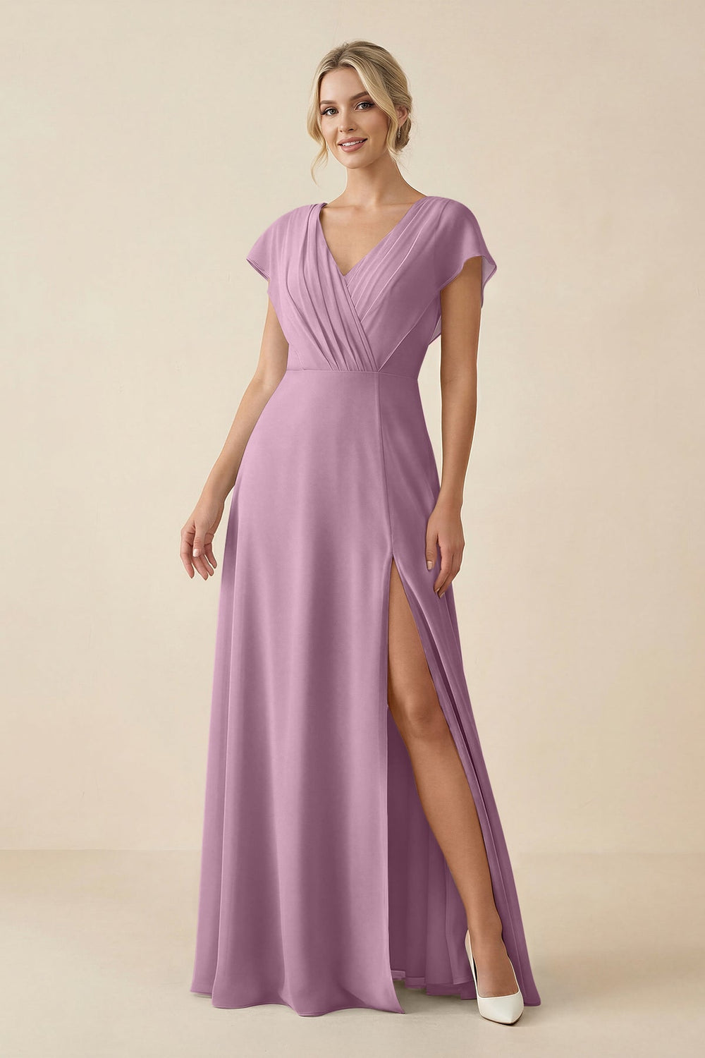 V - Neck Cap Sleeve Chiffon Bridesmaid Dress with Cut - out Back in Wisteria - SHE IS ME Bridesmaid Dresses