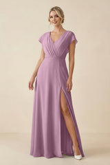 V - Neck Cap Sleeve Chiffon Bridesmaid Dress with Cut - out Back in Wisteria - KISS BRIDAL Bridesmaid Dresses