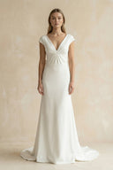 V - Neck Cap Sleeve Mermaid Ruched Satin Wedding Dress in White - SHE IS ME Wedding Dresses