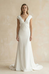 V - Neck Cap Sleeve Mermaid Ruched Satin Wedding Dress in White - KISS BRIDAL Wedding Dresses