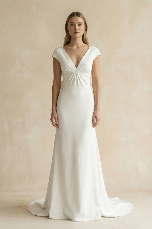 V - Neck Cap Sleeve Mermaid Ruched Satin Wedding Dress in White - SHE IS ME Wedding Dresses