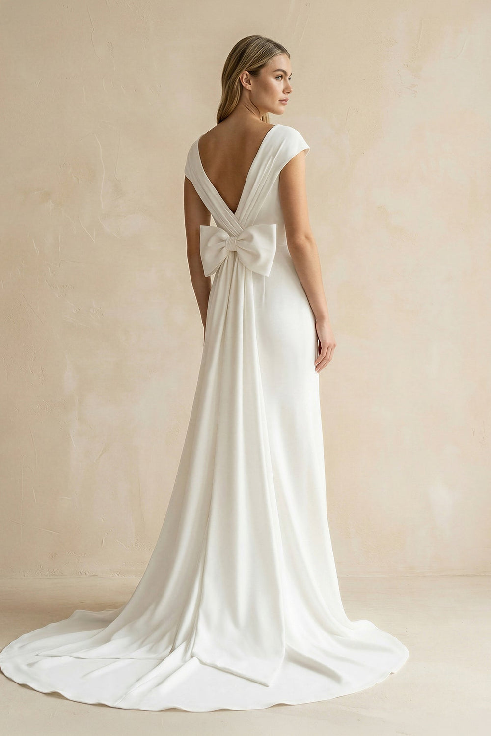 V - Neck Cap Sleeve Mermaid Ruched Satin Wedding Dress in White - KISS BRIDAL Wedding Dresses