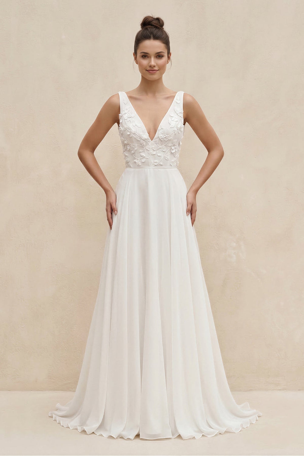 V - Neck Chiffon A - Line Appliqued Wedding Dress in White - KISS BRIDAL Wedding Dresses