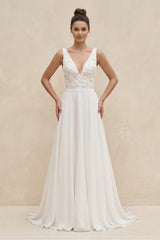 V - Neck Chiffon A - Line Appliqued Wedding Dress in White - KISS BRIDAL Wedding Dresses
