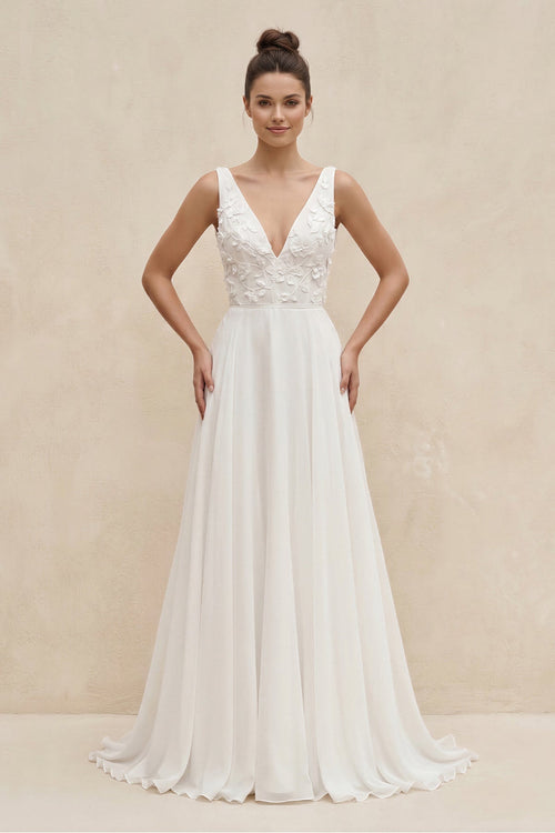V - Neck Chiffon A - Line Appliqued Wedding Dress in White - SHE IS ME Wedding Dresses