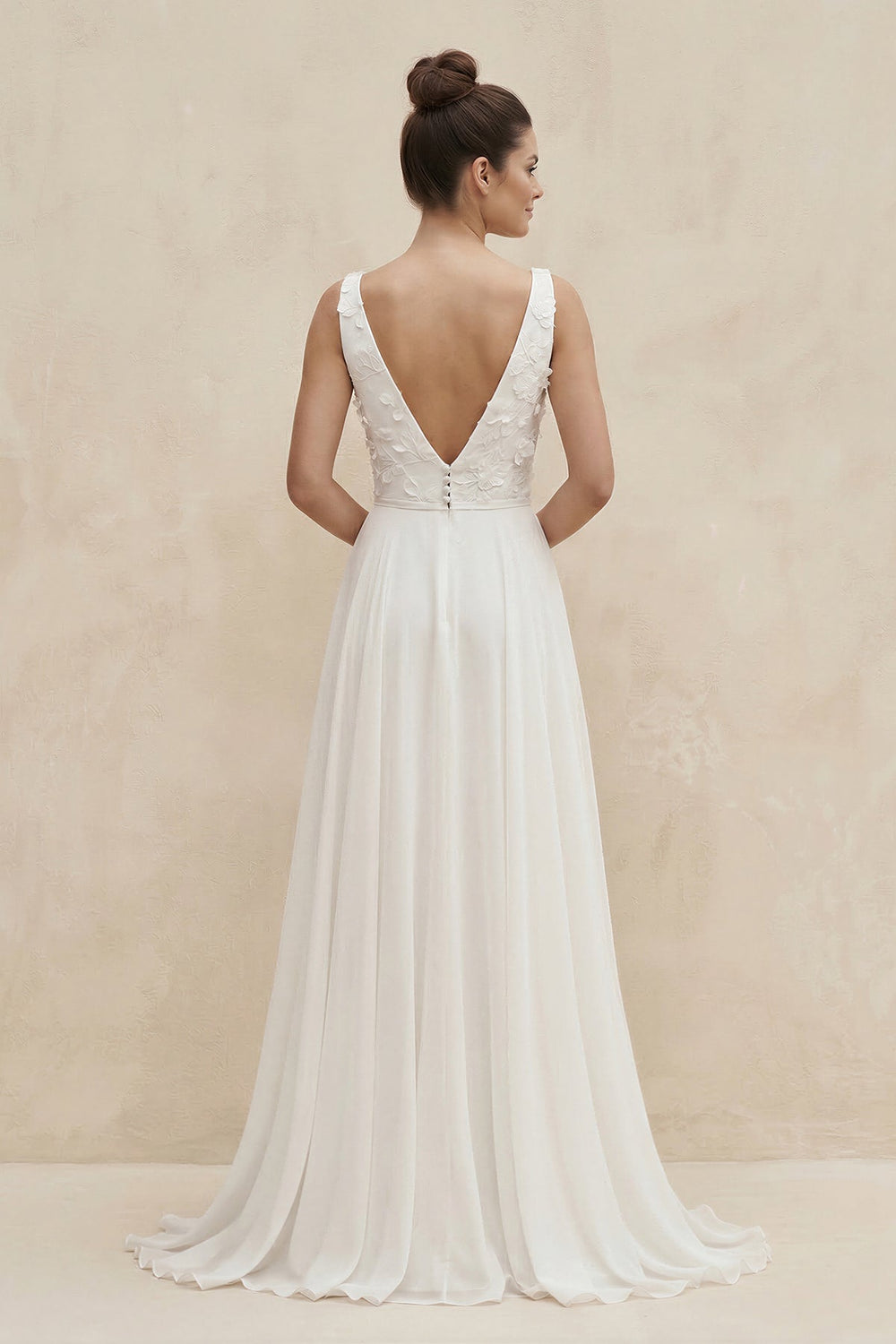 V - Neck Chiffon A - Line Appliqued Wedding Dress in White - KISS BRIDAL Wedding Dresses