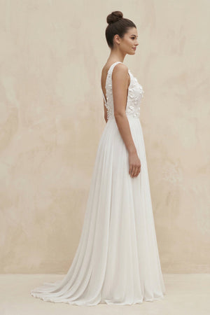 V - Neck Chiffon A - Line Appliqued Wedding Dress in White - SHE IS ME Wedding Dresses