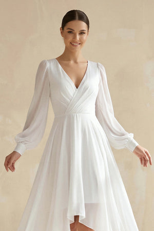 V - Neck Chiffon A - Line Asymmetrical Wedding Dress in White - SHE IS ME Wedding Dresses