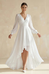 V - Neck Chiffon A - Line Asymmetrical Wedding Dress in White - KISS BRIDAL Wedding Dresses