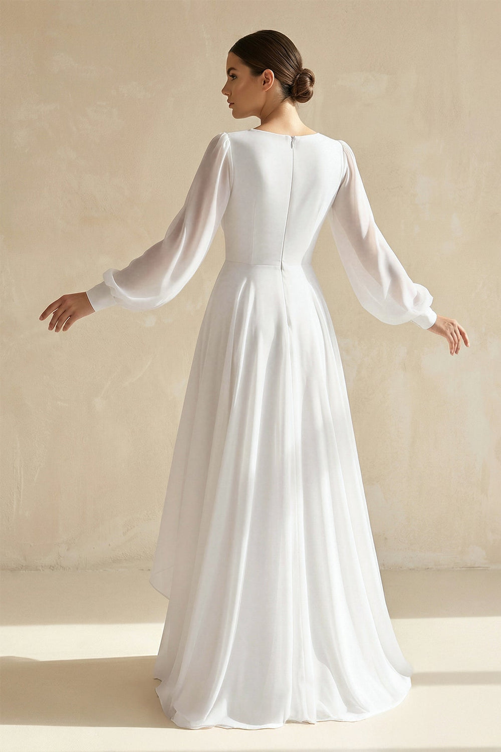 V - Neck Chiffon A - Line Asymmetrical Wedding Dress in White - KISS BRIDAL Wedding Dresses