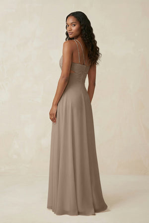 V-Neck Chiffon A-Line Cut-Out Bridesmaid Dress in Almond (2) | KISSBRIDAL