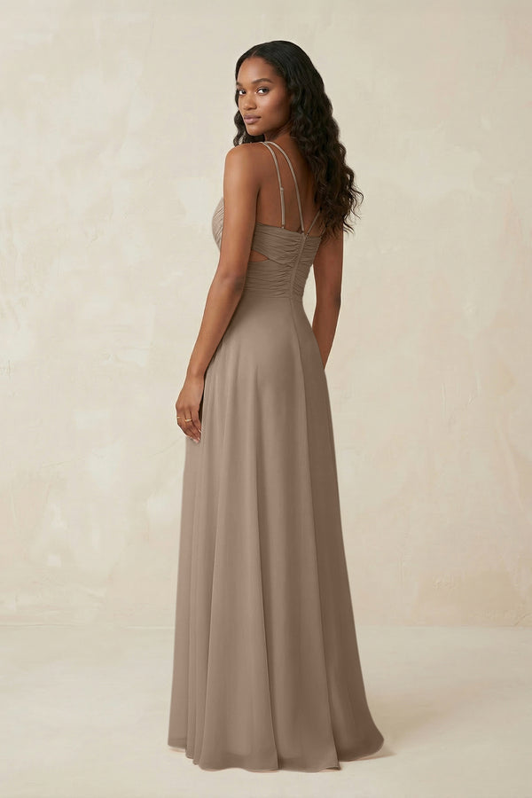 V-Neck Chiffon A-Line Cut-Out Bridesmaid Dress in Almond (2) | KISSBRIDAL