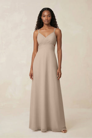 V - Neck Chiffon A - Line Cut - Out Bridesmaid Dress in Almond - SHE IS ME Bridesmaid Dresses