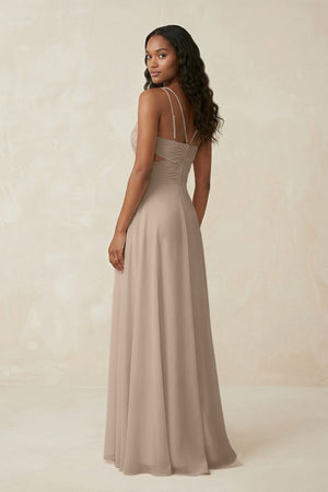 V - Neck Chiffon A - Line Cut - Out Bridesmaid Dress in Almond - SHE IS ME Bridesmaid Dresses