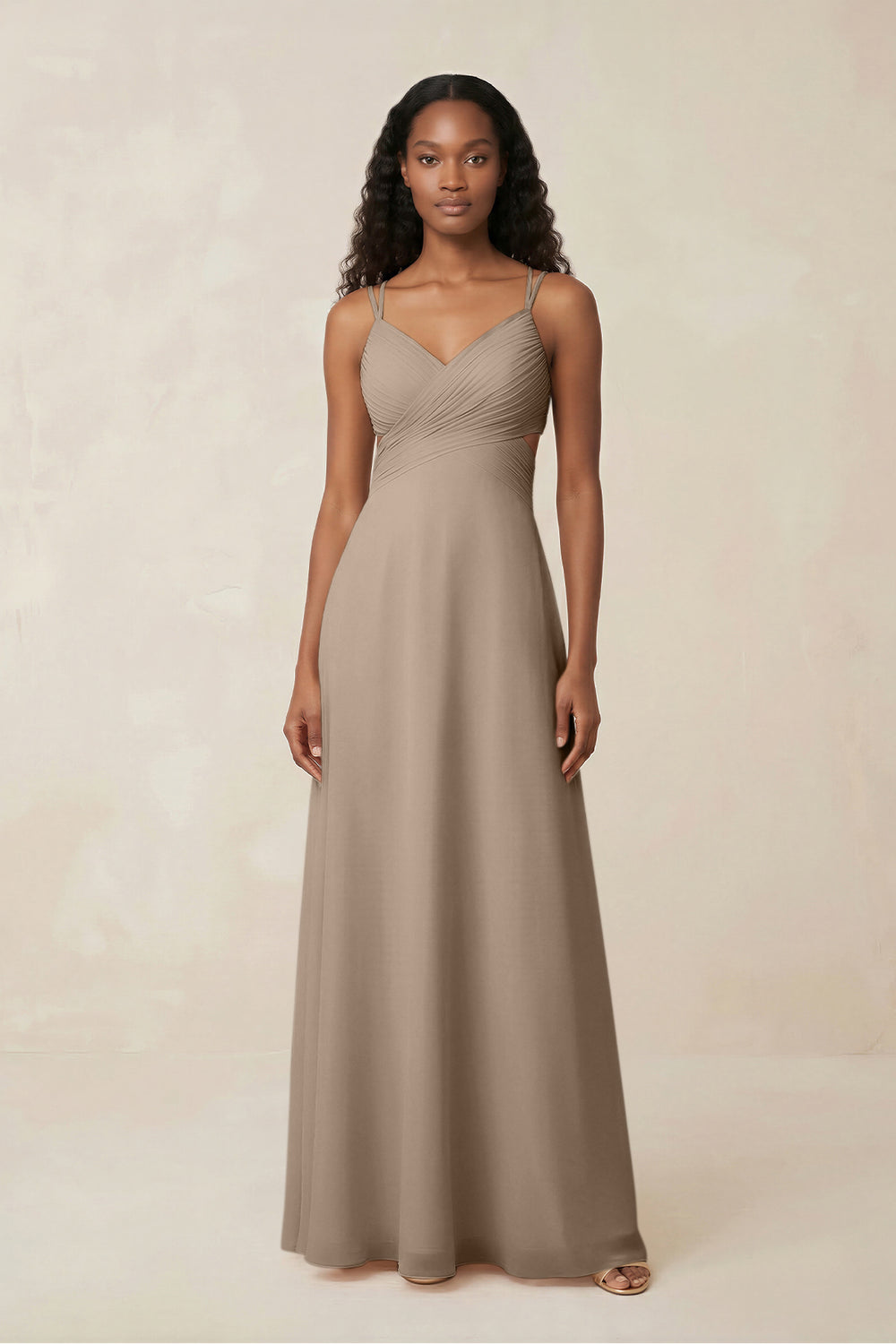 V-Neck Chiffon A-Line Cut-Out Bridesmaid Dress in Almond