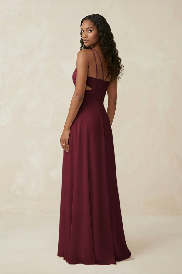 V-Neck Chiffon A-Line Cut-Out Bridesmaid Dress in Berry (2) | KISSBRIDAL