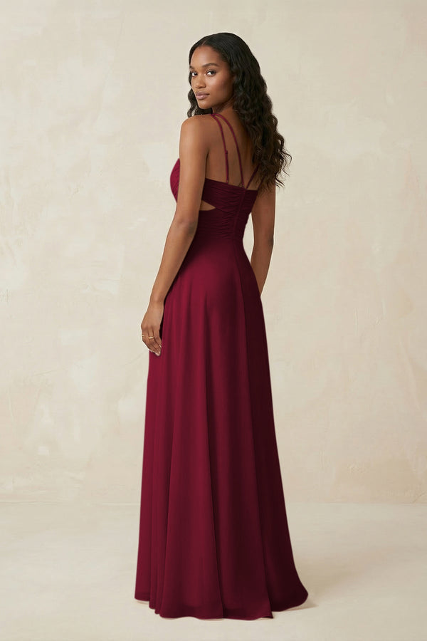 V - Neck Chiffon A - Line Cut - Out Bridesmaid Dress in Berry - SHE IS ME Bridesmaid Dresses