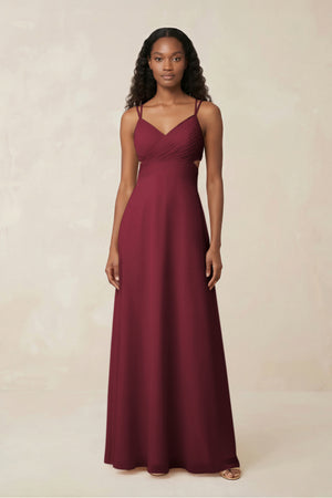 V-Neck Chiffon A-Line Cut-Out Bridesmaid Dress in Berry | KISSBRIDAL