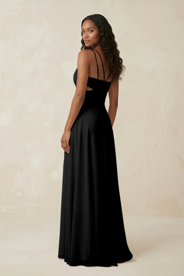 V - Neck Chiffon A - Line Cut - Out Bridesmaid Dress in Black - SHE IS ME Bridesmaid Dresses