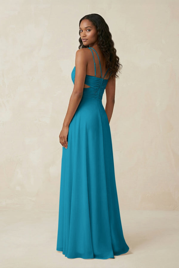 V - Neck Chiffon A - Line Cut - Out Bridesmaid Dress in Blue Jay - SHE IS ME Bridesmaid Dresses
