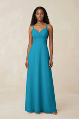 V - Neck Chiffon A - Line Cut - Out Bridesmaid Dress in Blue Jay - KISS BRIDAL Bridesmaid Dresses