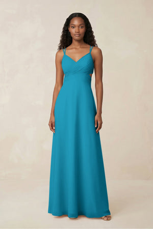 V - Neck Chiffon A - Line Cut - Out Bridesmaid Dress in Blue Jay - SHE IS ME Bridesmaid Dresses