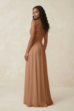 V - Neck Chiffon A - Line Cut - Out Bridesmaid Dress in Bronzer - SHE IS ME Bridesmaid Dresses