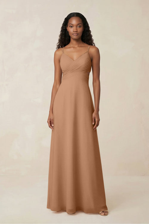 V - Neck Chiffon A - Line Cut - Out Bridesmaid Dress in Bronzer - SHE IS ME Bridesmaid Dresses