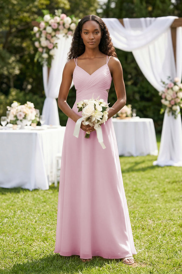 V-Neck Chiffon A-Line Cut-Out Bridesmaid Dress in Candy Pink (4) | KISSBRIDAL
