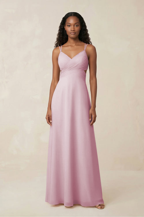 V-Neck Chiffon A-Line Cut-Out Bridesmaid Dress in Candy Pink | KISSBRIDAL