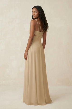 V-Neck Chiffon A-Line Cut-Out Bridesmaid Dress in Champagne (2) | KISSBRIDAL