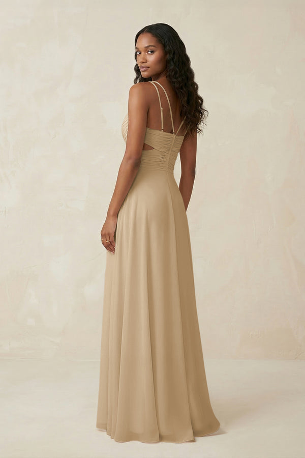 V-Neck Chiffon A-Line Cut-Out Bridesmaid Dress in Champagne (2) | KISSBRIDAL