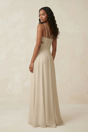 V - Neck Chiffon A - Line Cut - Out Bridesmaid Dress in Champagne - SHE IS ME Bridesmaid Dresses