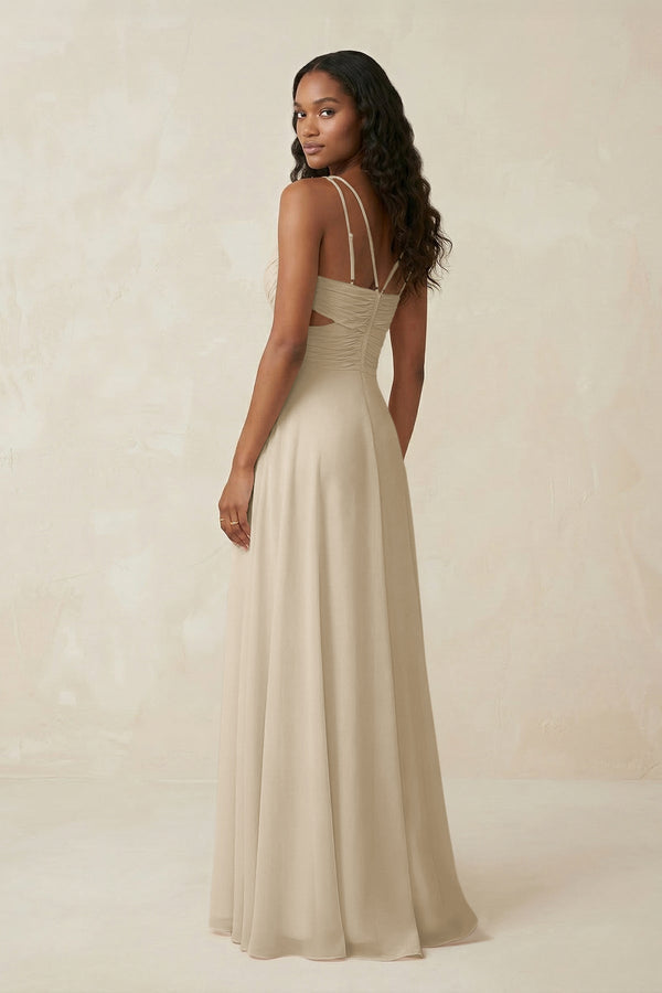 V - Neck Chiffon A - Line Cut - Out Bridesmaid Dress in Champagne - SHE IS ME Bridesmaid Dresses