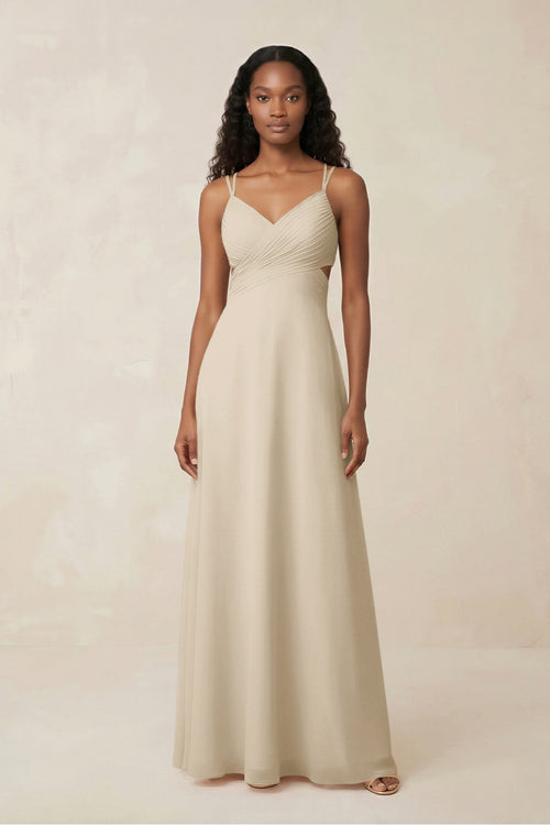 V - Neck Chiffon A - Line Cut - Out Bridesmaid Dress in Champagne - SHE IS ME Bridesmaid Dresses