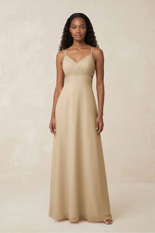 V-Neck Chiffon A-Line Cut-Out Bridesmaid Dress in Champagne | KISSBRIDAL