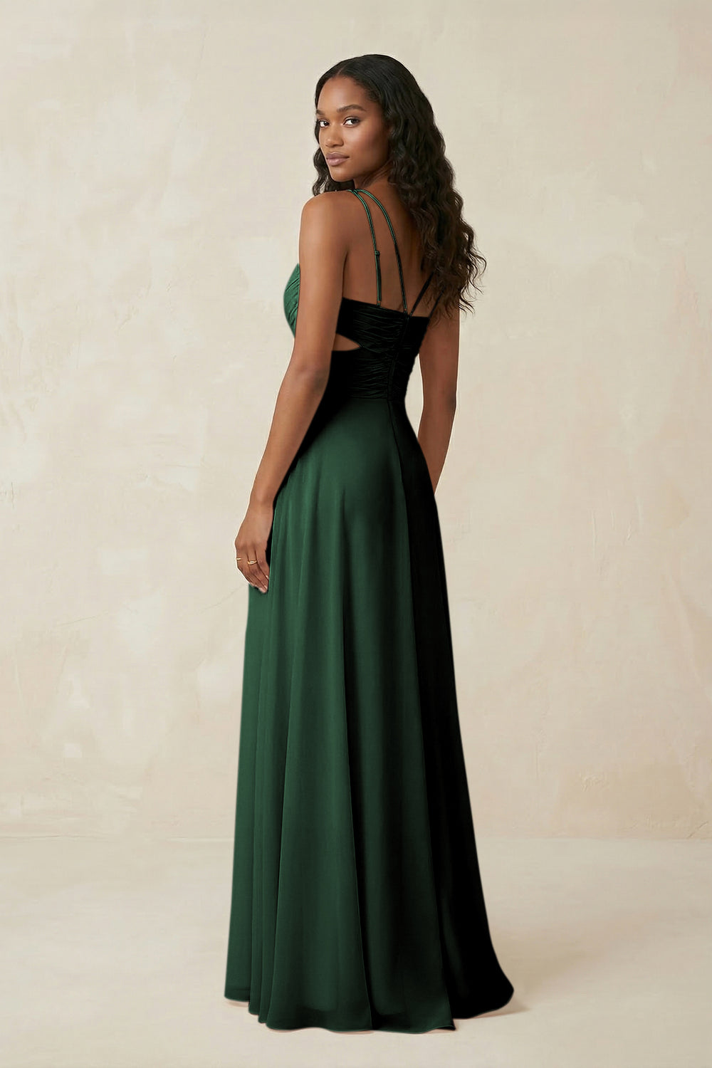 V-Neck Chiffon A-Line Cut-Out Bridesmaid Dress in Dark Green