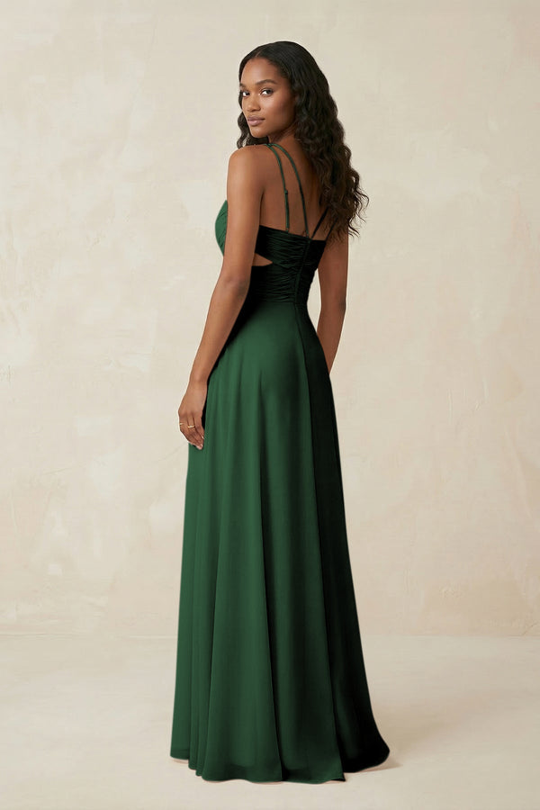 V - Neck Chiffon A - Line Cut - Out Bridesmaid Dress in Dark Green - SHE IS ME Bridesmaid Dresses