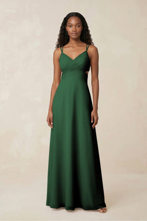 V - Neck Chiffon A - Line Cut - Out Bridesmaid Dress in Dark Green - SHE IS ME Bridesmaid Dresses