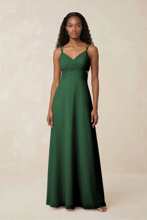V - Neck Chiffon A - Line Cut - Out Bridesmaid Dress in Dark Green - SHE IS ME Bridesmaid Dresses