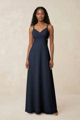 V - Neck Chiffon A - Line Cut - Out Bridesmaid Dress in Dark Navy - KISS BRIDAL Bridesmaid Dresses