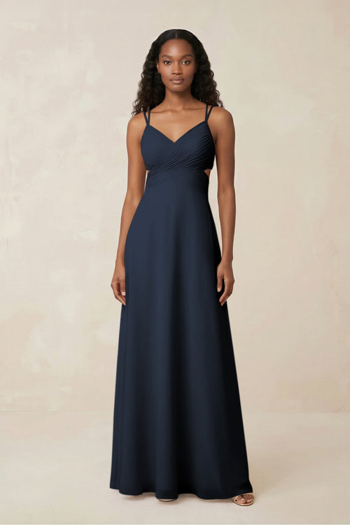 V - Neck Chiffon A - Line Cut - Out Bridesmaid Dress in Dark Navy - SHE IS ME Bridesmaid Dresses