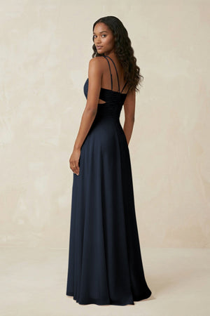 V - Neck Chiffon A - Line Cut - Out Bridesmaid Dress in Dark Navy - SHE IS ME Bridesmaid Dresses