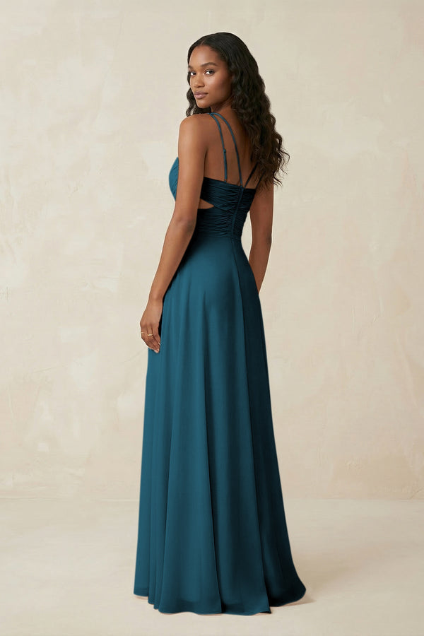V - Neck Chiffon A - Line Cut - Out Bridesmaid Dress in Dark Teal - SHE IS ME Bridesmaid Dresses