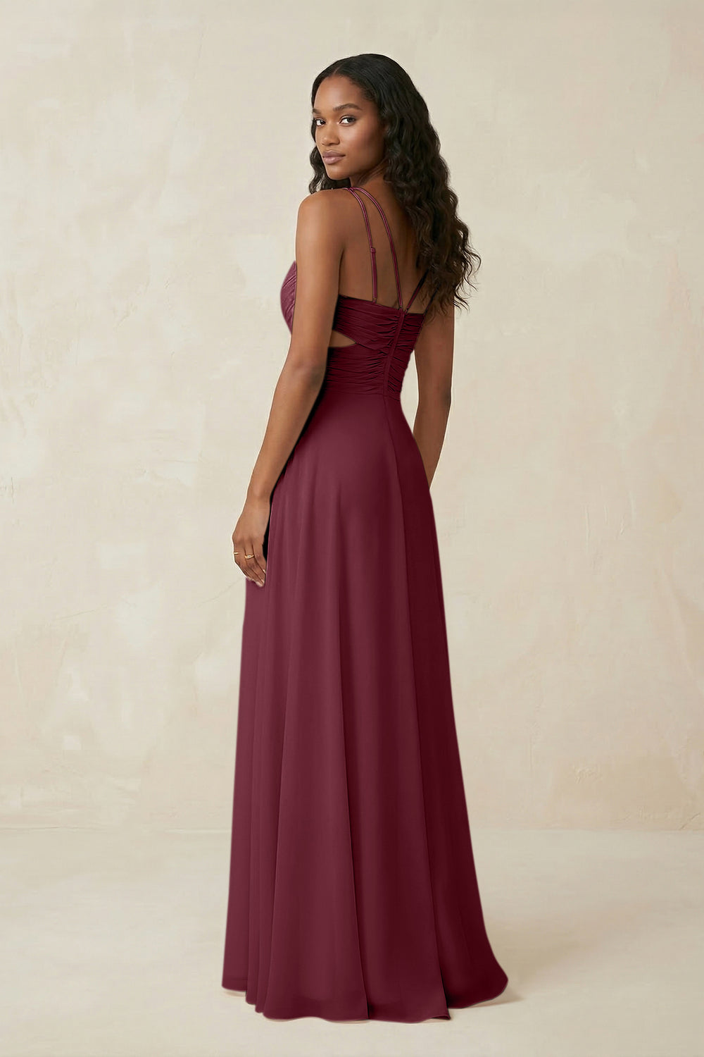 V-Neck Chiffon A-Line Cut-Out Bridesmaid Dress in Desert Rose