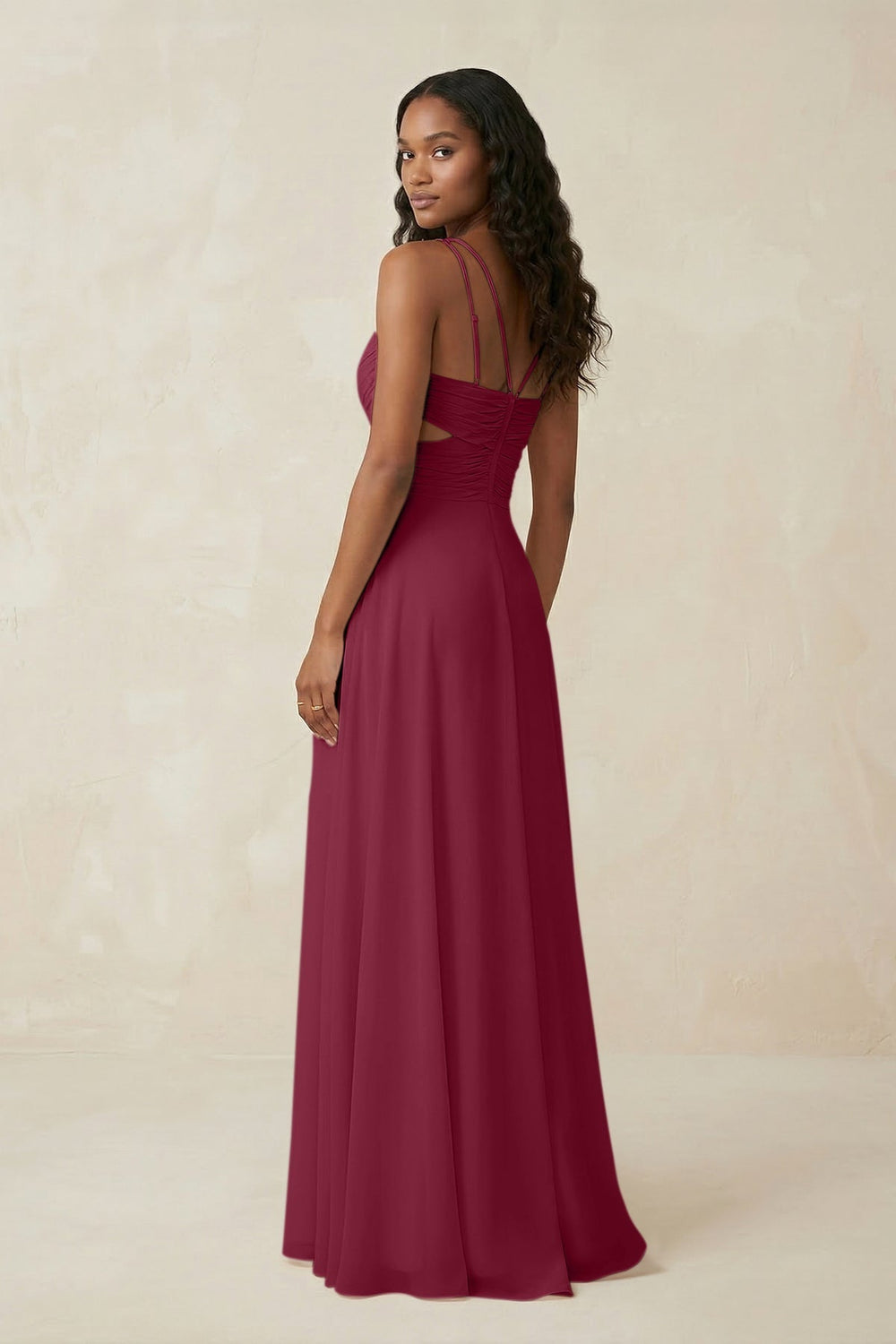 V - Neck Chiffon A - Line Cut - Out Bridesmaid Dress in Desert Rose - KISS BRIDAL Bridesmaid Dresses