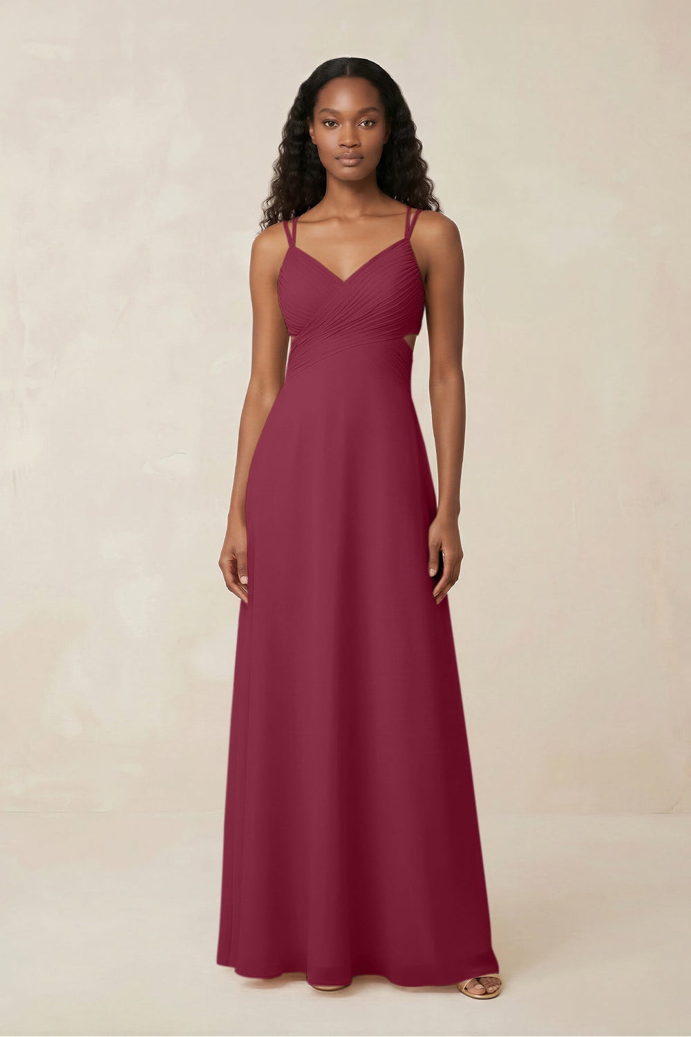 V - Neck Chiffon A - Line Cut - Out Bridesmaid Dress in Desert Rose - KISS BRIDAL Bridesmaid Dresses