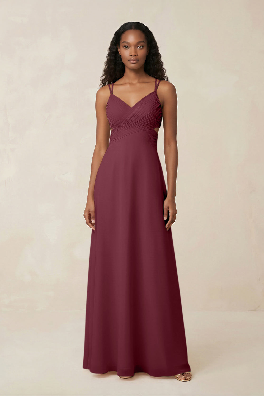 V-Neck Chiffon A-Line Cut-Out Bridesmaid Dress in Desert Rose