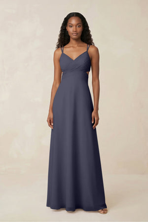 V - Neck Chiffon A - Line Cut - Out Bridesmaid Dress in Dusk Blue - SHE IS ME Bridesmaid Dresses