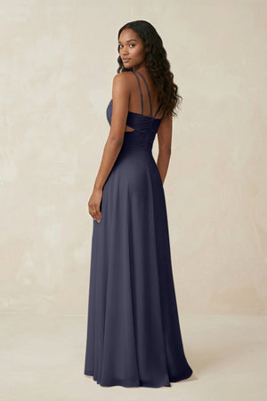 V - Neck Chiffon A - Line Cut - Out Bridesmaid Dress in Dusk Blue - SHE IS ME Bridesmaid Dresses